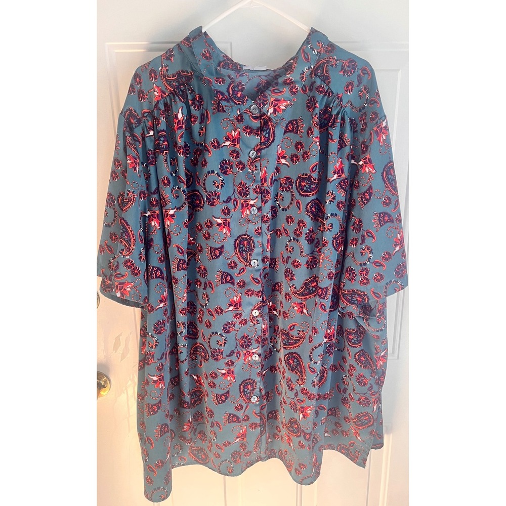 ONLY‎ NECESSITIES Women's Teal Paisley Print Button Down Blouse Top Plus Size 5X